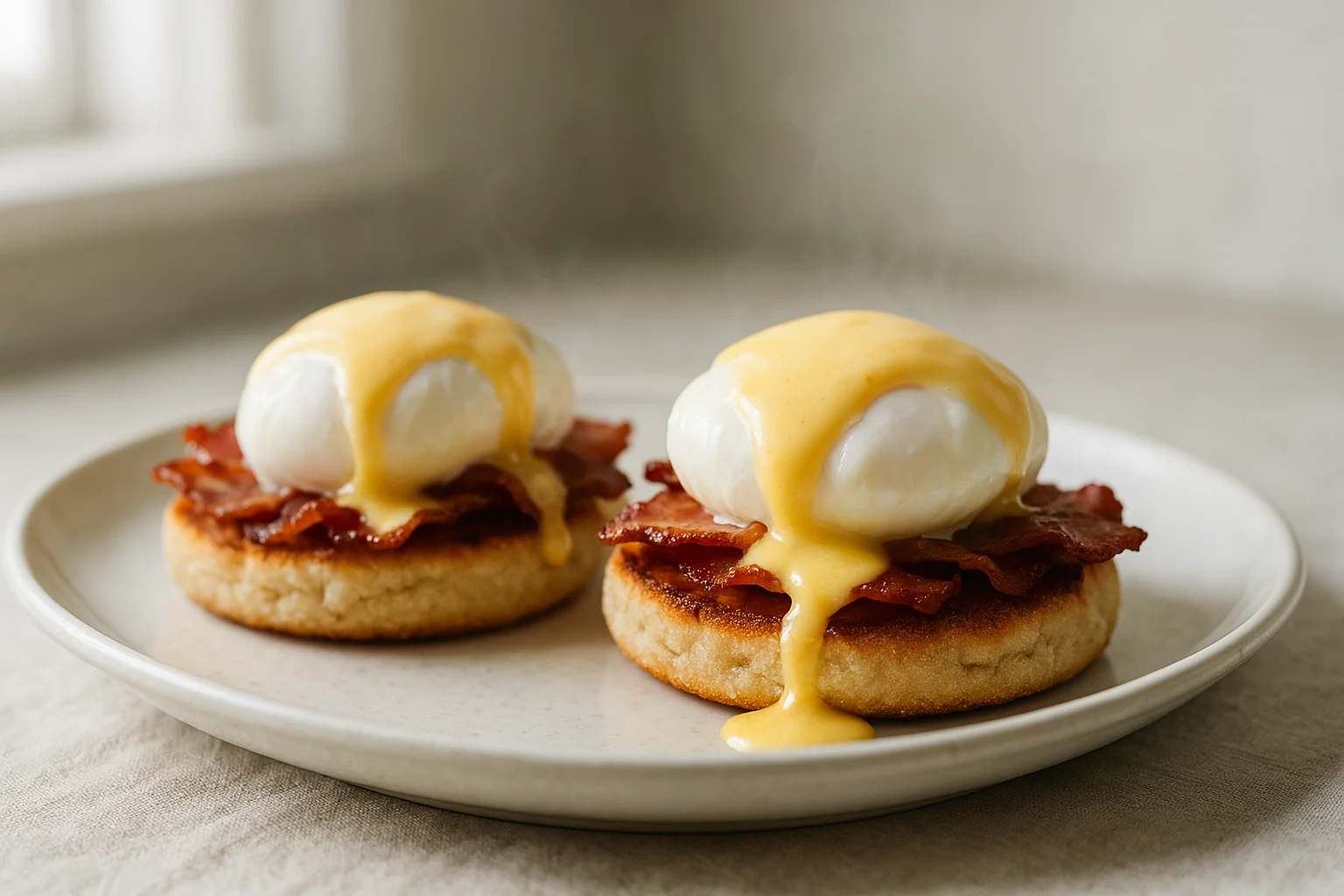 Œufs Bénédicte maison : muffins anglais, bacon croustillant et hollandaise stable