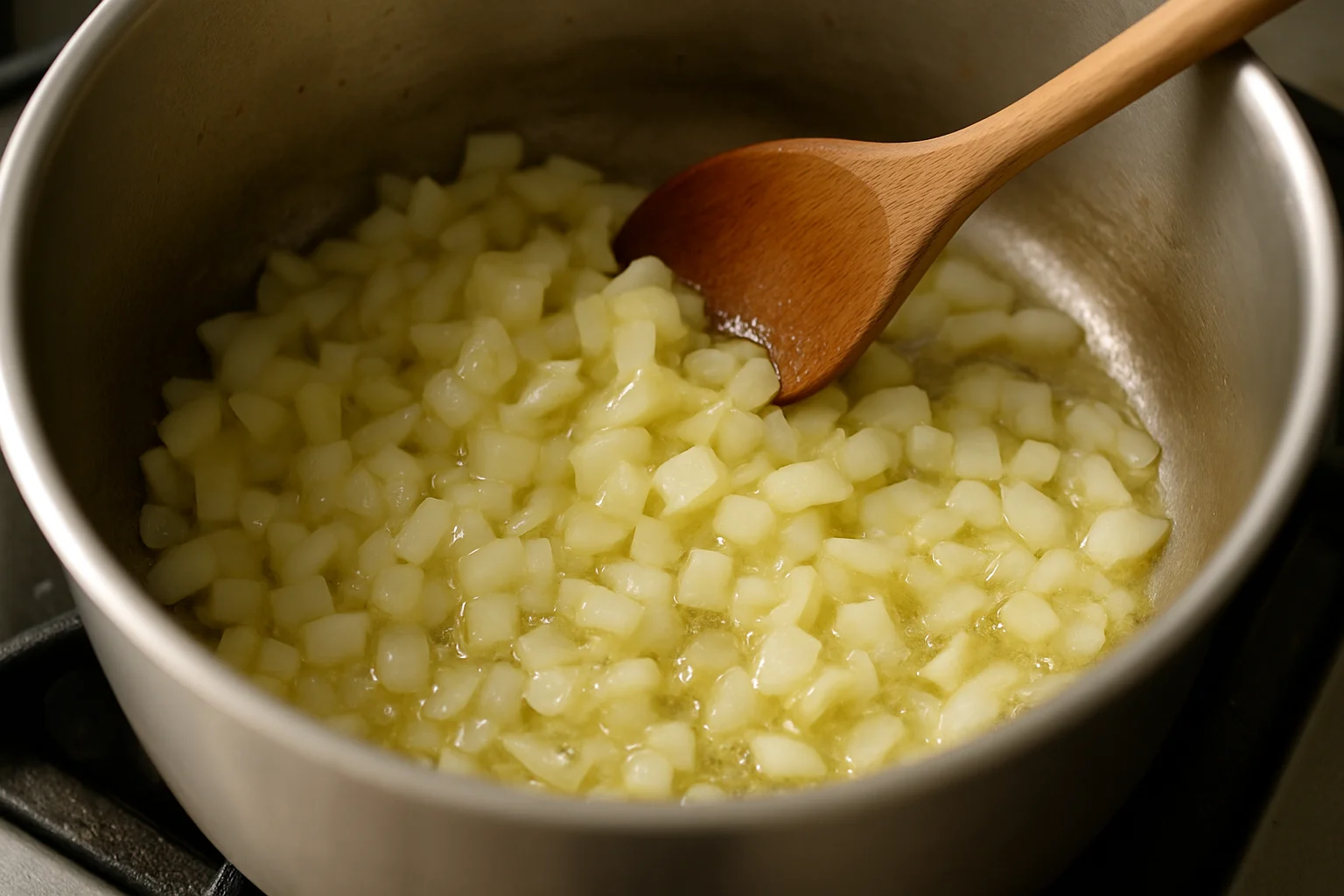 Oignon émincé qui revient doucement dans une casserole pour former la base aromatique du velouté.