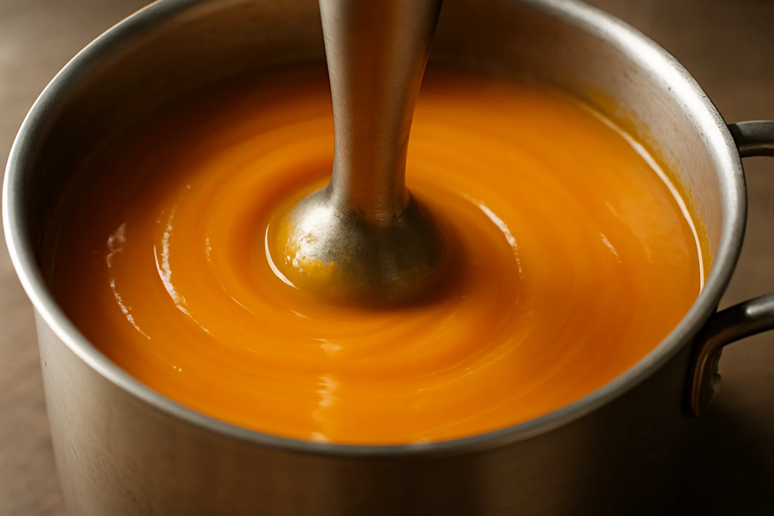 Mixage du velouté de potimarron dans la casserole avec un mixeur plongeant pour obtenir une texture très lisse.